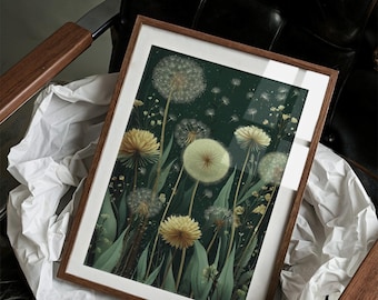 Botanical Dandelion Canvas Art, Elegant Green and Gold Floral Print, Modern Nature Wall Decor for Bedroom, Living Room or Office