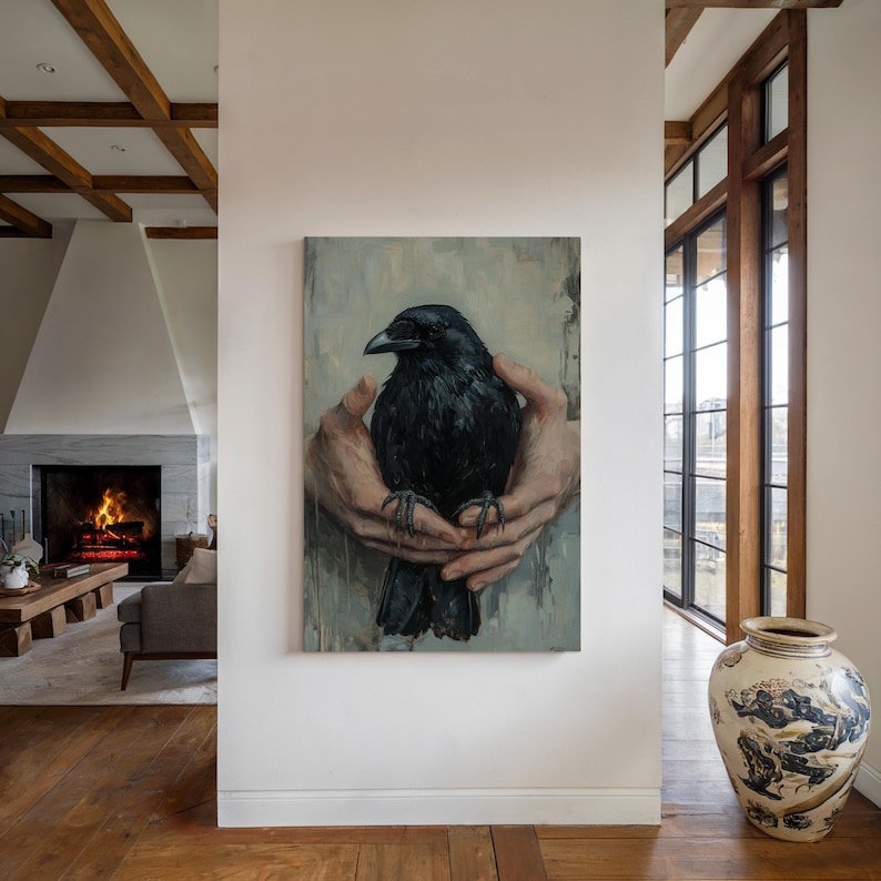 Dark Raven in Hands Art - Gothic Crow Painting, Vintage Wildlife Canvas ...