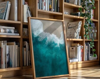 Aerial Ocean Wave Canvas Wall Art Featuring Crystal Teal Sea and Sandy Shoreline for Modern Coastal and Beach House Decor