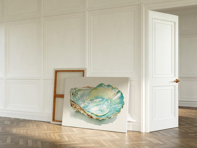 Pearlescent Oyster Shell Watercolor Canvas | Coastal Beach House Wall ...