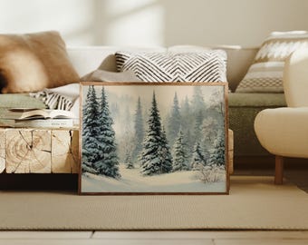 Arte de parede em tela com floresta de pinheiros nevados | Impressão de pintura de paisagem de floresta de inverno | Decoração serena para festas com árvores perenes e neve