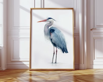 Blue Heron Watercolor Print, Coastal Bird Wall Art for Beach House Decor, Elegant Wildlife Poster in Blue and Grey Tones, Nature Artwork
