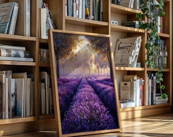 May include: A framed print featuring a vibrant lavender field under a golden-lit sky. The artwork showcases rows of purple flowers leading towards a sunlit horizon, framed in a natural wood. The print is displayed on a wooden surface.