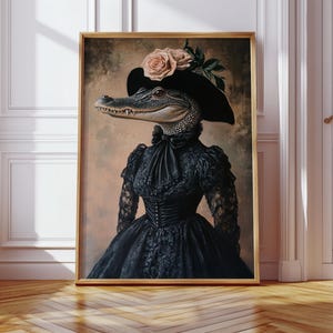Victorian Alligator Portrait Wall Art – Gothic Animal in Lace Dress and Rose Hat, Quirky Reptile Canvas for Maximalist Decor