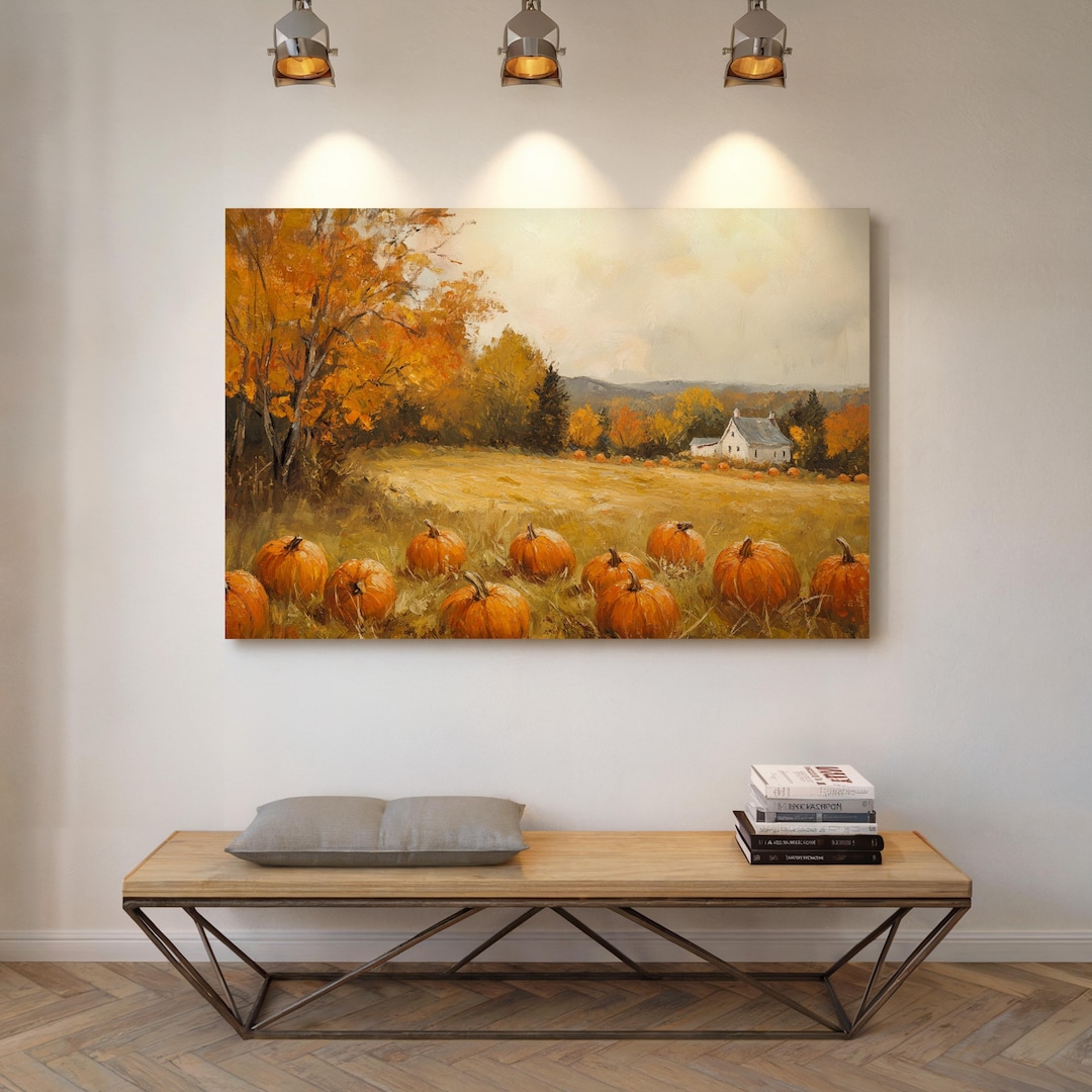 Pumpkin Patch Canvas Wall Art | Autumn Farm Landscape With Fall Foliage ...