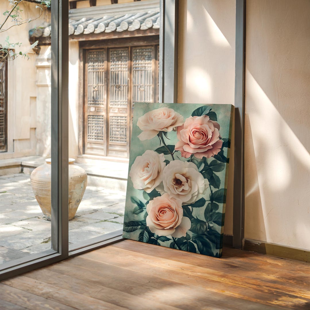 Vintage Rose Bouquet Canvas Wall Art – Blush Pink and Cream Floral ...