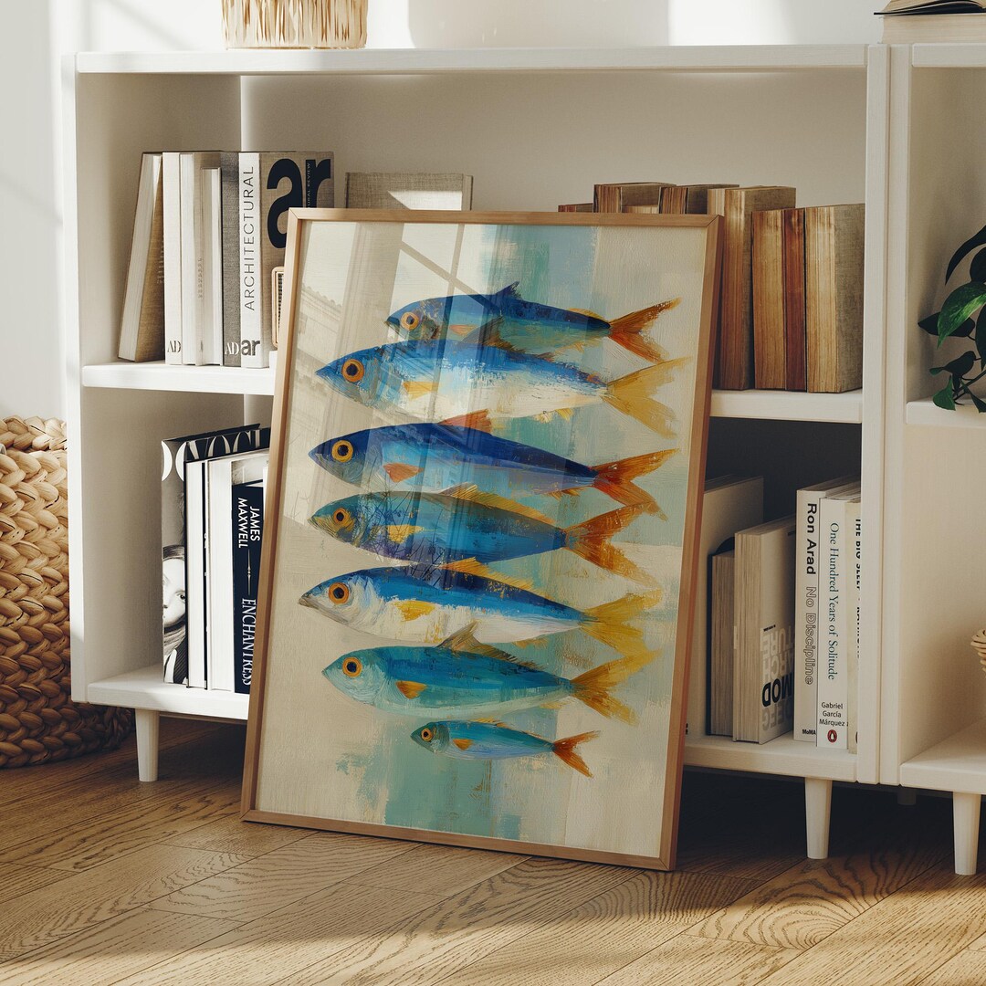 Colorful Coastal Fish Painting | Vibrant Blue & Orange Nautical Wall ...