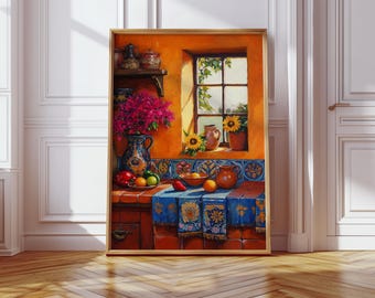 Mexican Kitchen Canvas with Sunflowers and Talavera Tiles, Colorful Still Life Wall Art with Citrus and Red Clay Pottery Décor