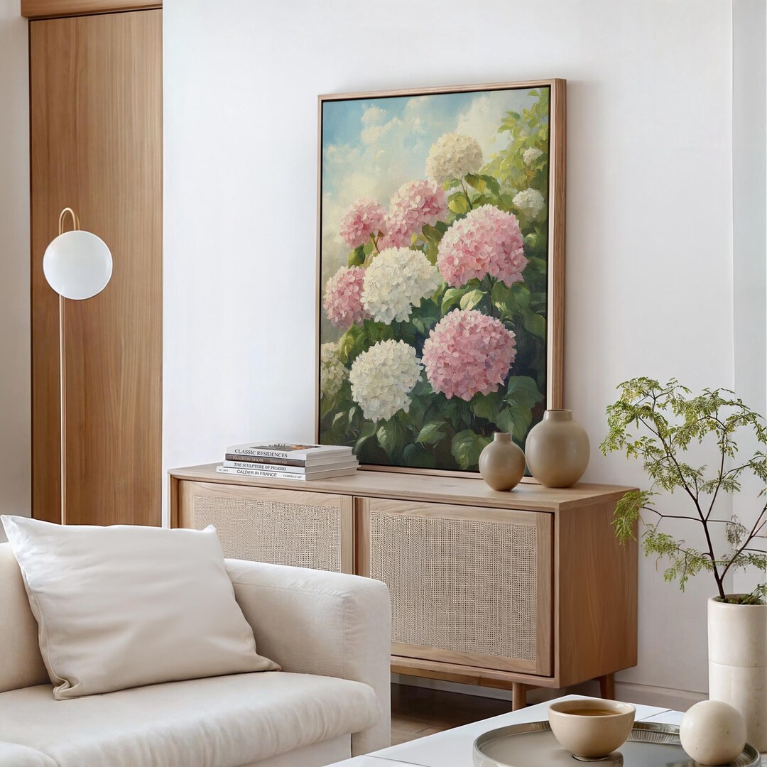 Hydrangea Oil Painting Wall Art - Pink and White Blossoms Canvas Print ...