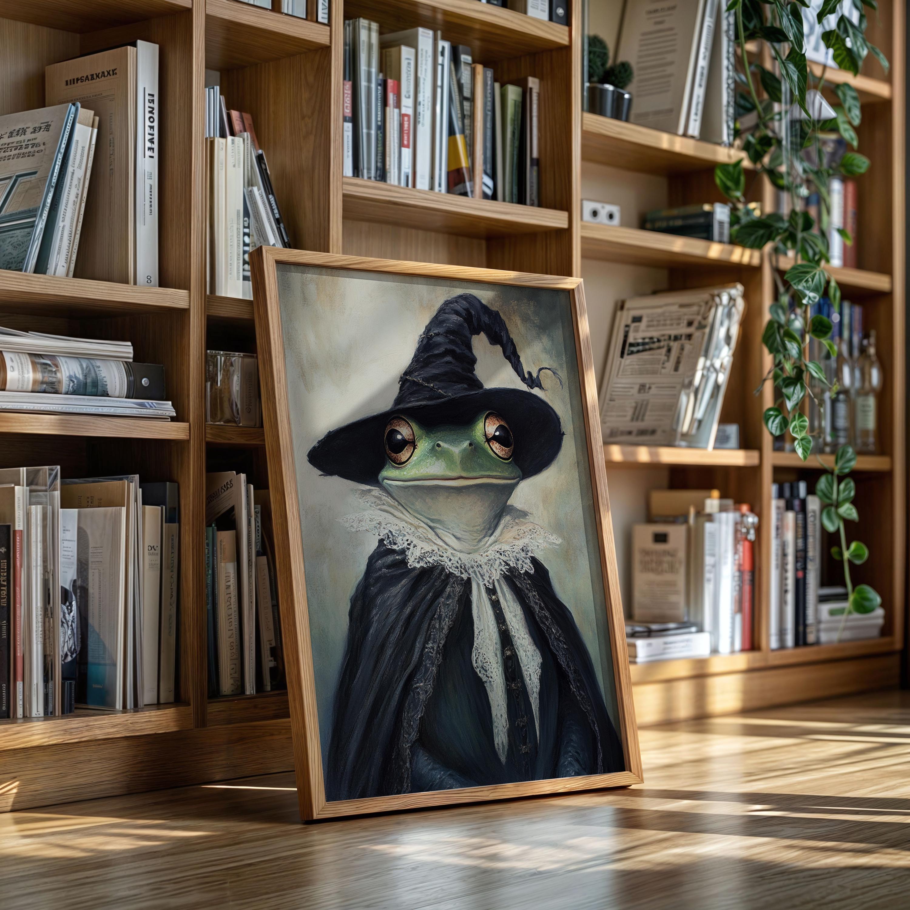 Whimsical Witch Frog Wall Art – Green Frog in Gothic Hat and Lace