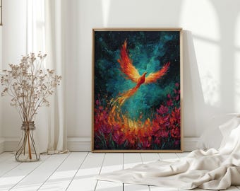 Phoenix Rising Canvas Wall Art, Fiery Bird Painting with Flames and Flowers, Mythical Fantasy Artwork in Vibrant Abstract Oil Style