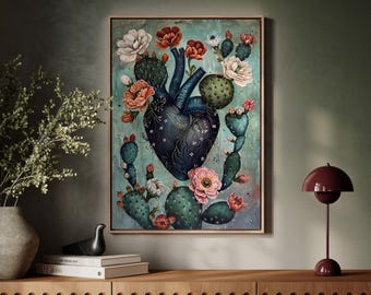 The Black Thorned Cactus Heart Ready To Hang Canvas Wall Art, Southwestern Canvas Wall Art
