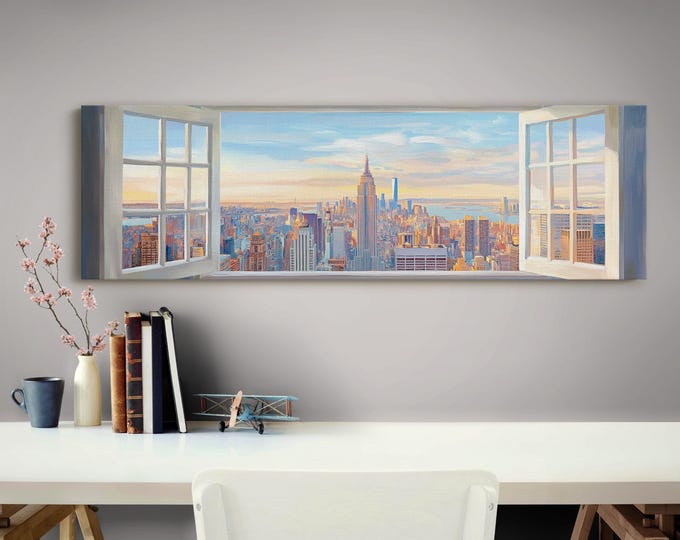 Empire State Building Canvas Print, NYC Skyline Window View Art, Manhattan Cityscape Wall Decor, Modern New York Office Artwork