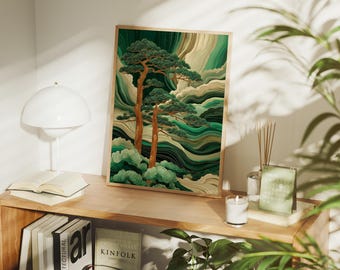 Japanese Pine Tree Canvas Art, Green and Gold Zen Landscape Print, Minimal Asian Nature Wall Decor, Tranquil Wabi Sabi Painting