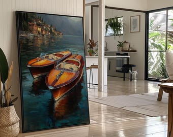 May include: A framed art print depicts two wooden speedboats on a lake, reflecting the boats and the distant shoreline. The boats are orange and brown, with a dark blue water background. The artwork is displayed in a bright, airy room.