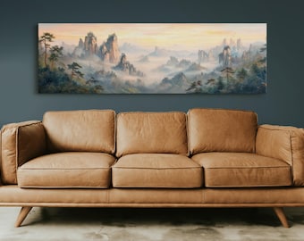 Arte mural con paisaje chino, lienzo de montaña brumosa, pintura de naturaleza asiática, decoración zen tranquila, impresión panorámica de serenidad