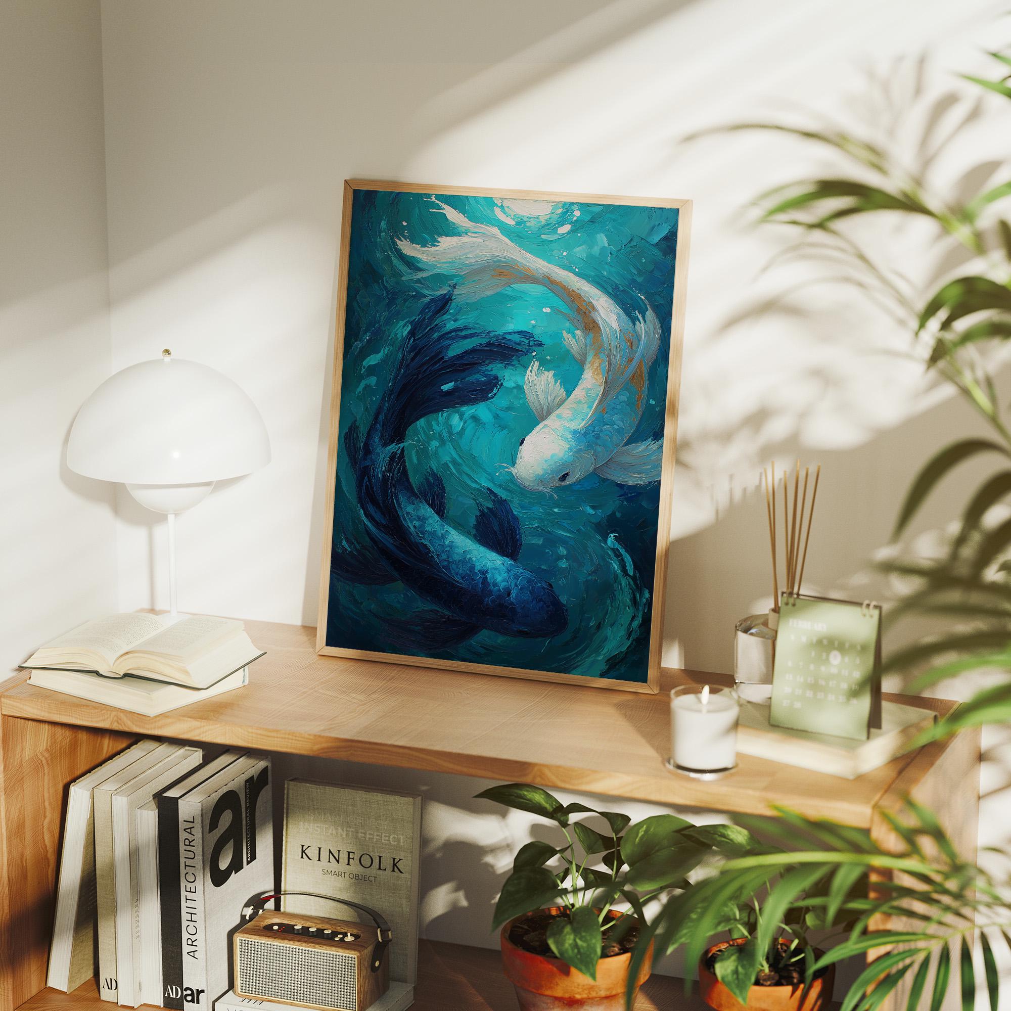 陰陽鯉の絵画｜落ち着いた水辺の装飾に最適な、質感のある青と白の