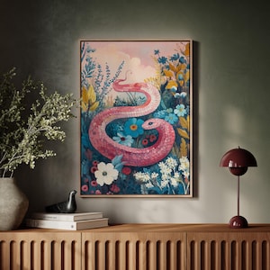 Canvaskunst roze slang - grillige bloemenprint met levendige bloemen, op de natuur geïnspireerd slangenontwerp voor uniek boho- en eclectisch interieur
