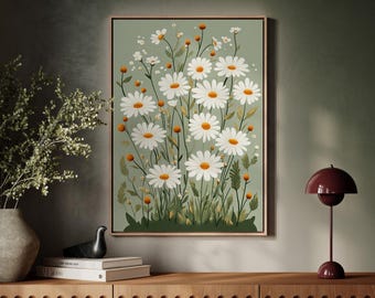 Lienzo decorativo de margaritas caprichosas: flores silvestres blancas sobre fondo verde salvia para decoración del hogar con motivos florales cottagecore, boho o botánicos.