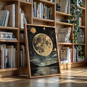 Goldener Vollmond über Wasser Wandkunst, Himmlischer Nachthimmel Leinwand Druck, Mystische Astronomie Landschaft mit Sternen und Reflexionen