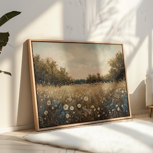Rustic Wildflower Meadow Canvas, Country Farmhouse Landscape Art, Vintage Floral Field Print, Cozy Cottagecore Wall Decor