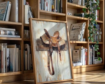 Western Saddle Wall Art – Rustic Cowboy Saddle Oil Painting on Fence in Neutral Tones for Farmhouse or Ranch Decor Canvas Print