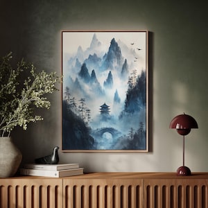 Misty Mountain Pagoda Canvas - Aziatische Zen Wall Art - Rustige Chinese landschapsdruk - Serene Nature Decor - blauwe inkt schilderij