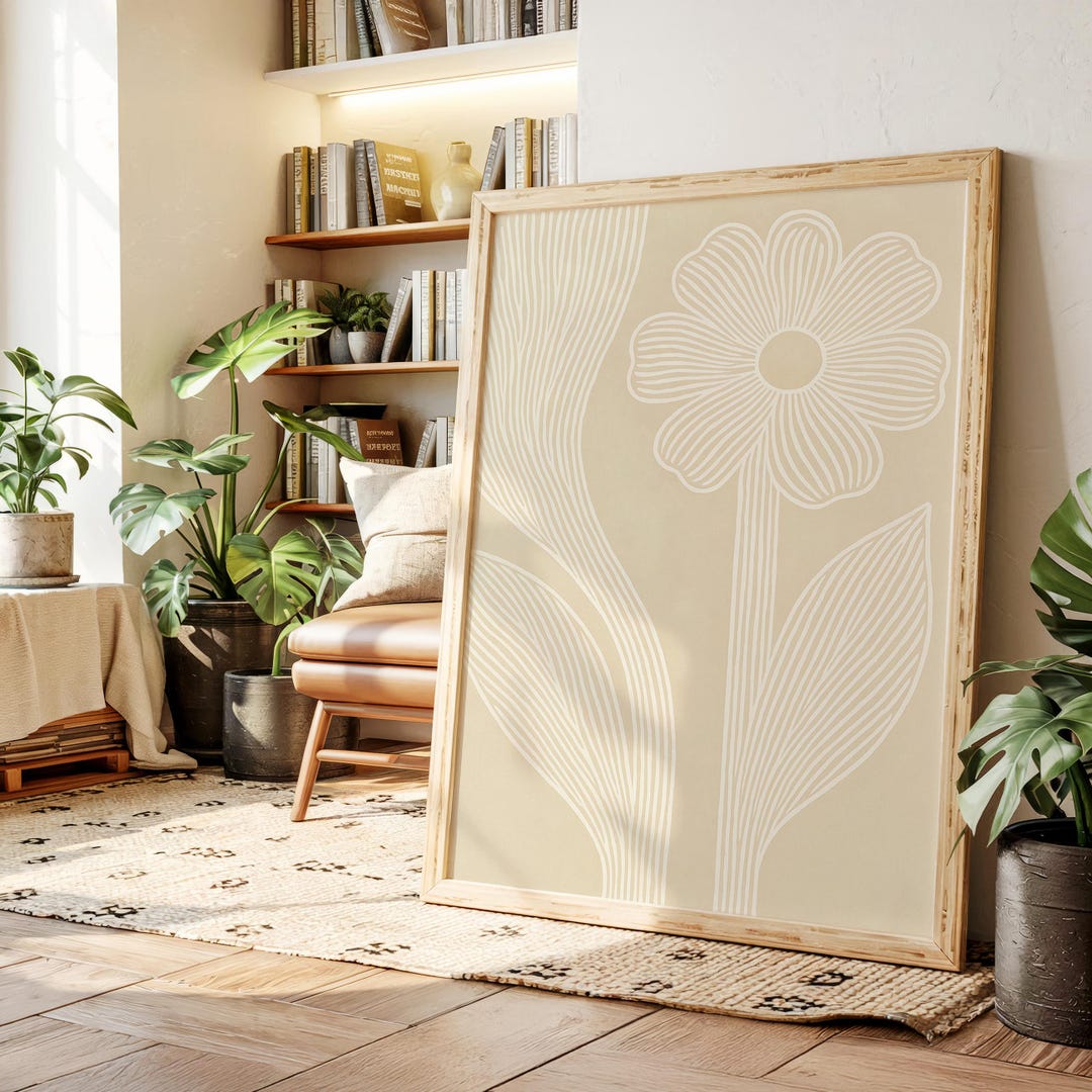 Minimalist Neutral Flower Line Art Canvas – Beige Botanical Wall Decor ...
