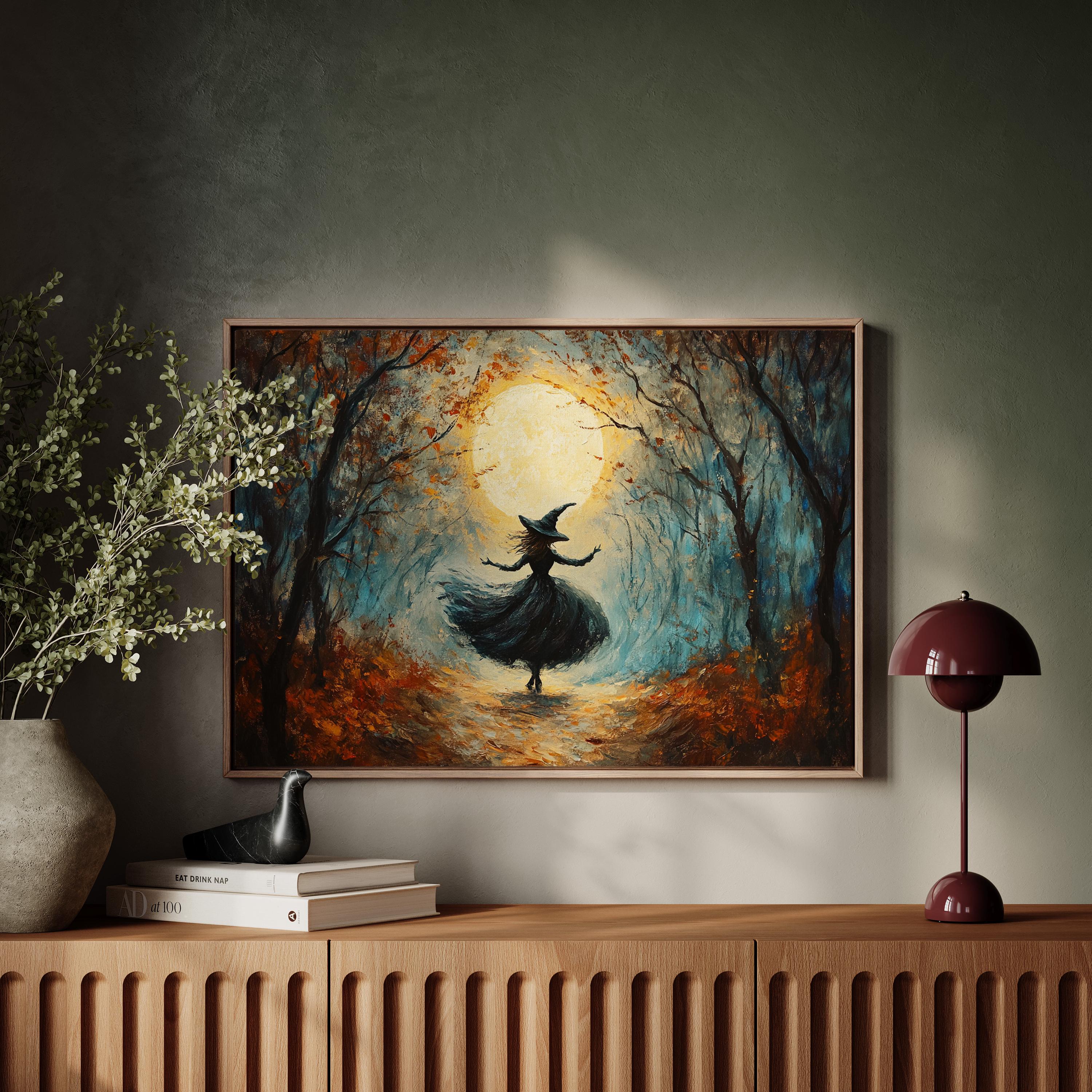 Dansende heks in maanverlicht bos - Halloween canvas muurkunst - mystieke  herfsttafereel met gloed bij volle maan - Etsy België, image size:3000x3000