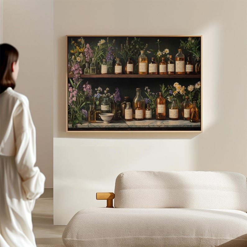 May include: A framed print of a vintage apothecary shelf with a variety of glass bottles filled with liquids and herbs. The shelf is surrounded by a lush green background with flowers and leaves.