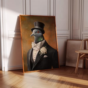 Elegant Pigeon in Tuxedo and Top Hat Canvas – Vintage Style Animal Portrait Wall Art for Eclectic, Humorous, or Victorian Decor
