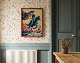 Cowboy Riding with American Flag Western Art