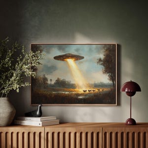 UFO Abduction Canvas Wall Art | Surreal Alien Spaceship Painting with Beam of Light and Cows in Farm Field | Sci-Fi Rustic Landscape Decor