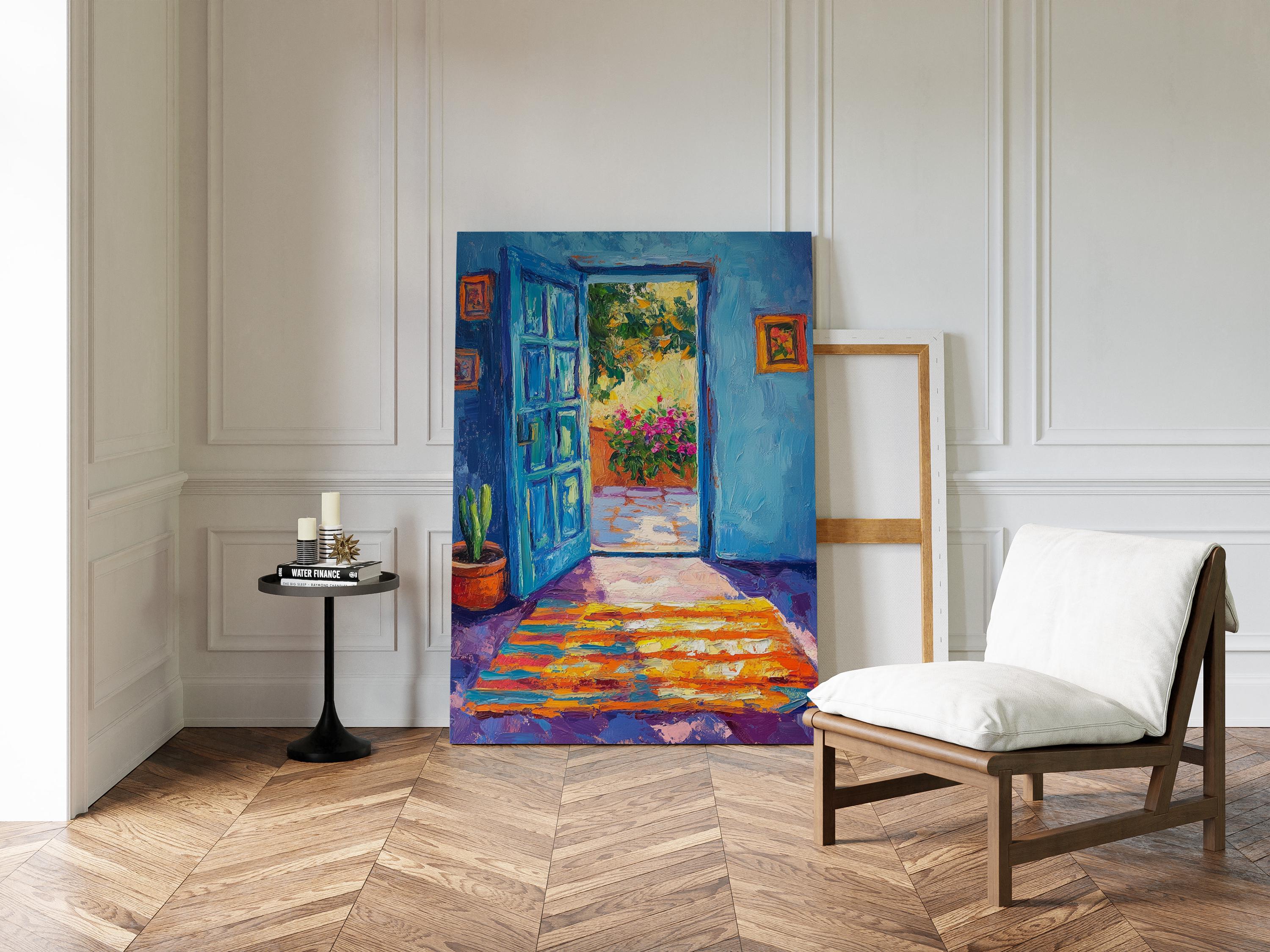 Blue Door Canvas Art With Colorful Rug and Garden View, Vibrant