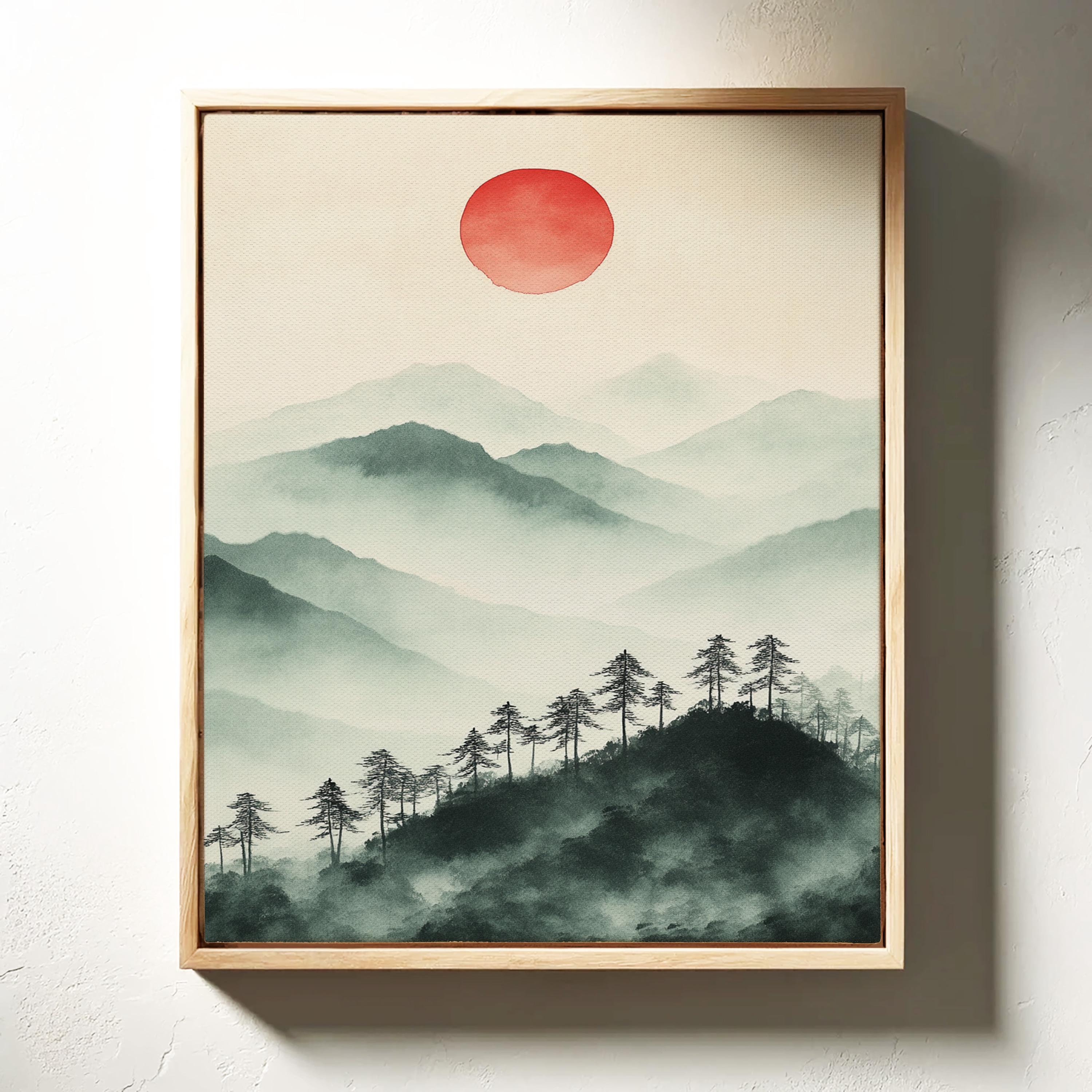 日本の墨絵山水画 - 禅の風景画ウォールアート - 赤い太陽の墨絵