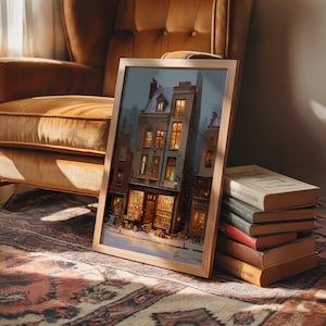 May include: A framed print of a European bookstore scene. The artwork depicts a building with lit windows and a shop filled with books. The frame is light brown, and the scene is set in winter with snow on the rooftops.