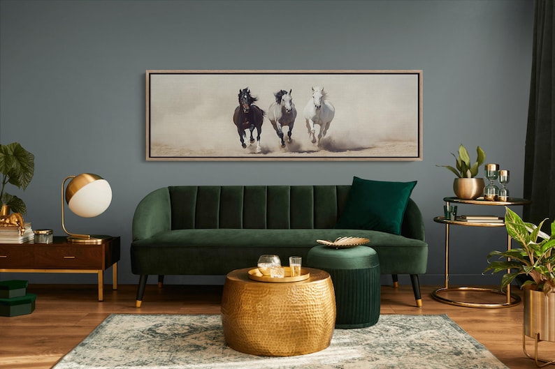 A breathtaking panoramic canvas of three powerful stallions galloping through the desert, their strength and grace captured in motion. Perfect for equestrian, western, or farmhouse decor