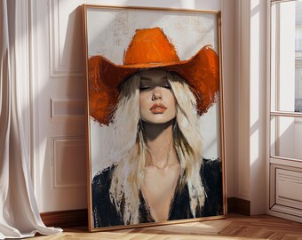Blonde Cowgirl Canvas Art | Western Woman in Orange Hat | Rustic Oil Painting Print for Farmhouse, Country, or Boho Wall Decor