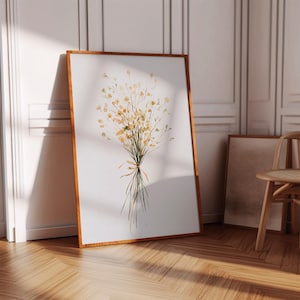 Aquarel wilde bloemenboeket met geel lint, zachte bloemen muurkunst, handgeschilderd op de natuur geïnspireerd decor