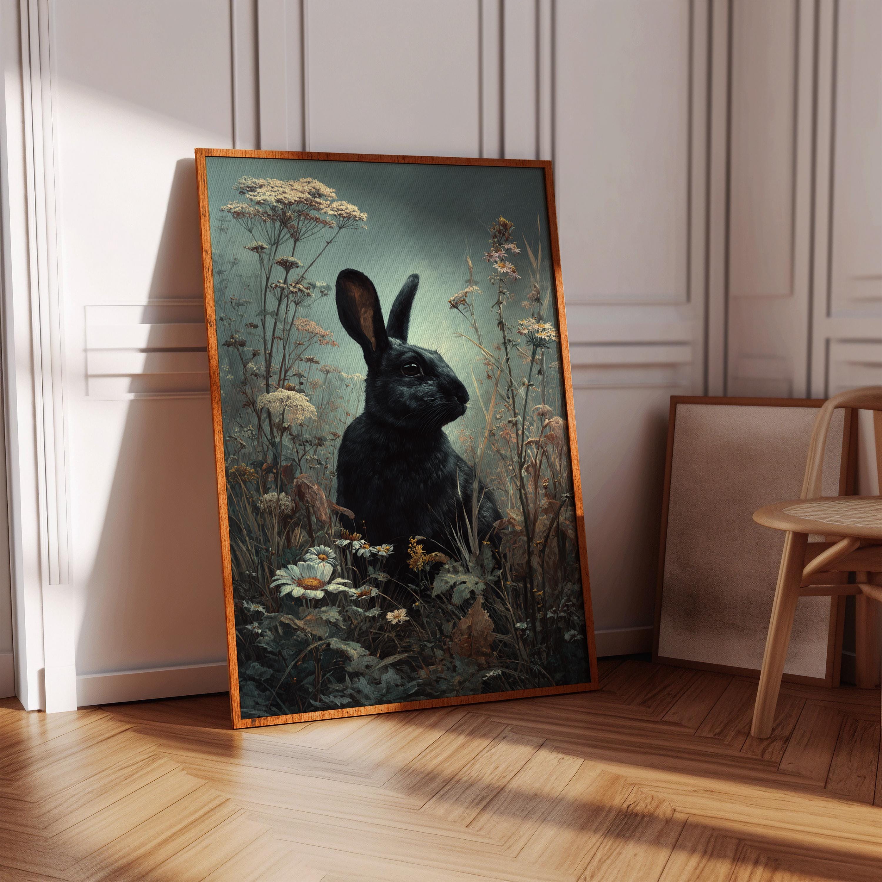 Black Rabbit in Wildflowers Art Print – Moody Forest Bunny Wall Decor ...