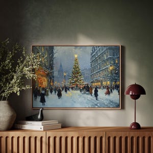 Vintage Christmas Town Scene Canvas Wall Art, Snowy Holiday Market Street with Christmas Tree, Winter Home Décor, Festive Poster