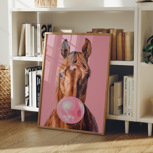 Pferd Bubble Gum Leinwand Wandkunst, Lustiger Pferd Druck, Pink Pop Art Tier Dekor, Moderne Bauernhaus Wandkunst, Einzigartige Geschenkidee