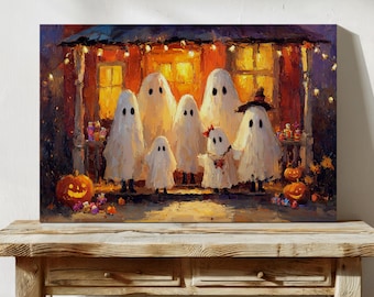 May include: A Halloween-themed painting depicts a family of ghosts standing in front of a house. The ghosts are white with black eyes, and one wears a witch hat. Pumpkins and colorful decorations are in the foreground.