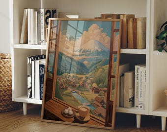 May include: A framed print depicting a scenic view of a mountain landscape, visible through a window. The artwork features a mountain, a village, and a river. A cup of coffee and pastries sit on a wooden surface in front of the print.