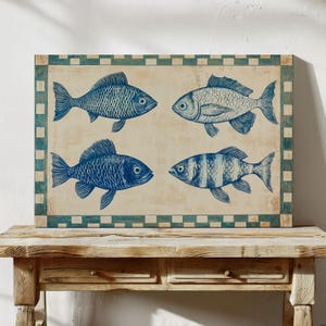 Nautical Blue Fish Canvas Wall Art - Coastal Hangable Artwork for Beach House or Nautical-Themed Home Decor