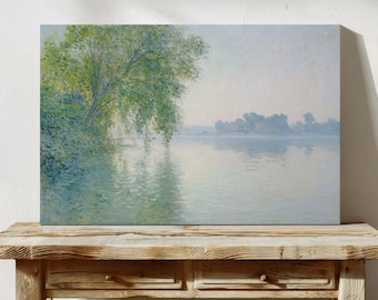 Serene Lakeside Landscape Canvas Wall Art - Tranquil Nature Scene with Soft Brushstrokes, Calm Blue and Green Tones