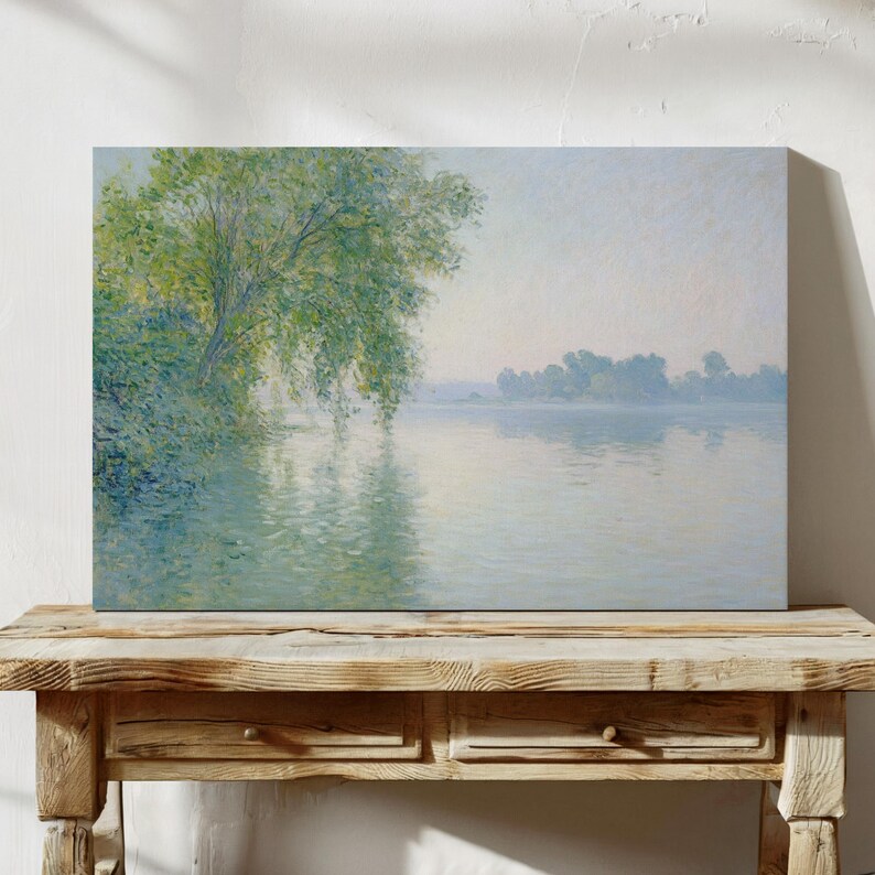 Serene Lakeside Landscape Canvas Wall Art - Tranquil Nature Scene with Soft Brushstrokes, Calm Blue and Green Tones