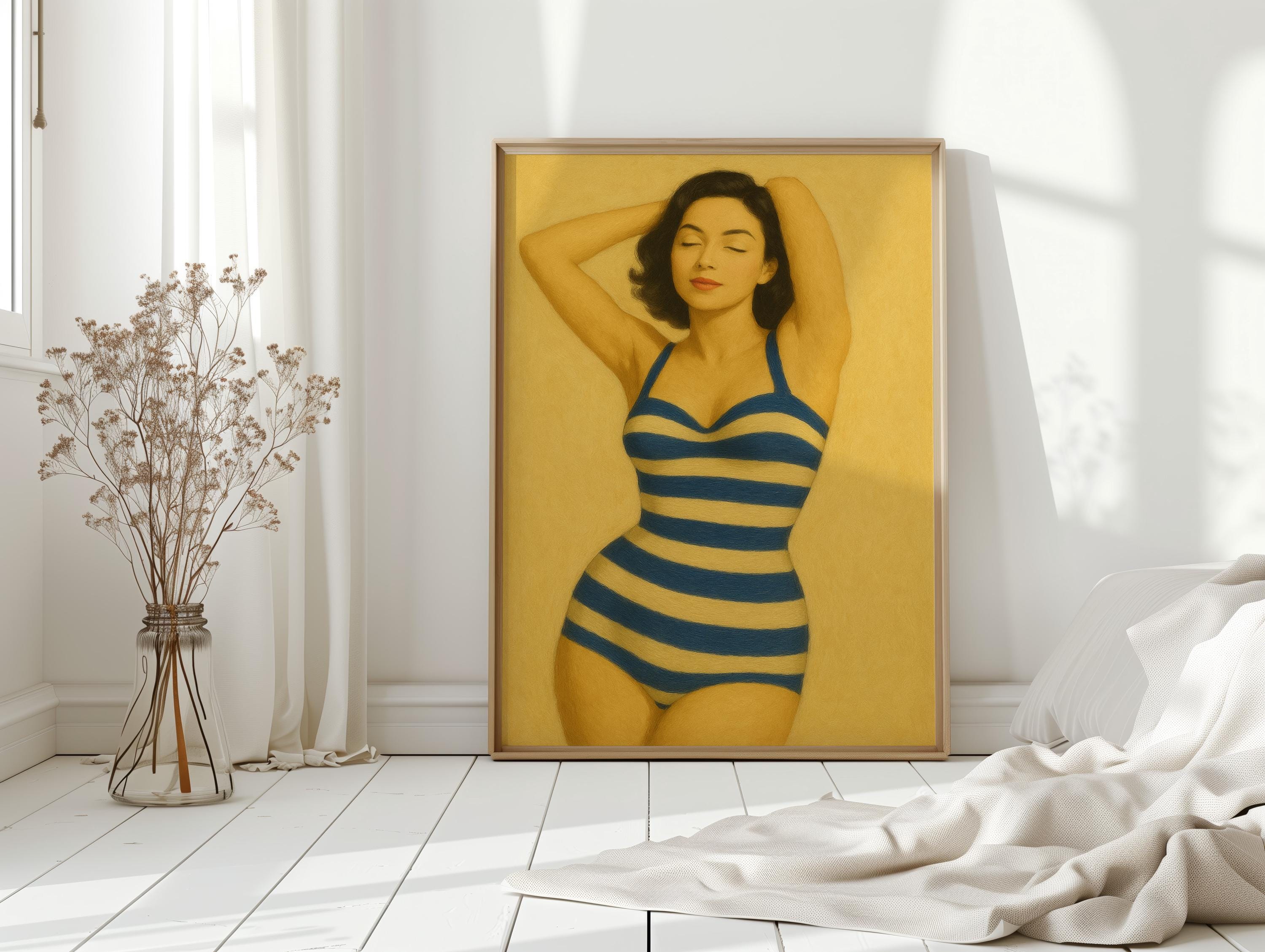 Vintage Pinup Woman in Blue Striped Swimsuit – Retro Midcentury Wall Art for Beach Lovers, Bathroom, or Glam Decor