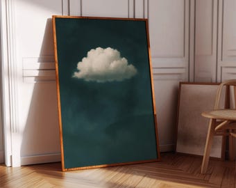 Lienzo minimalista de nubes para pared, nube blanca sobre cielo verde azulado, impresión moderna surrealista de ensueño para dormitorio u oficina.