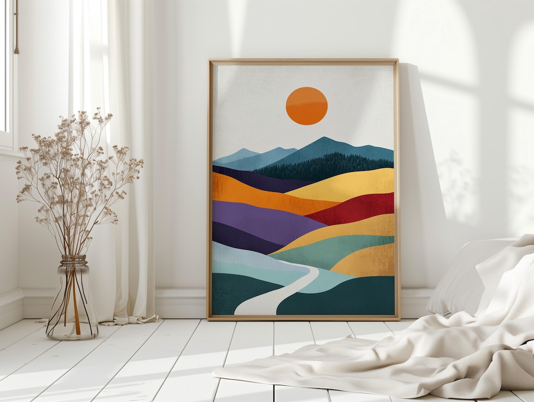 Colorful Abstract Mountain Landscape Canvas – Modern Sun and Hills ...